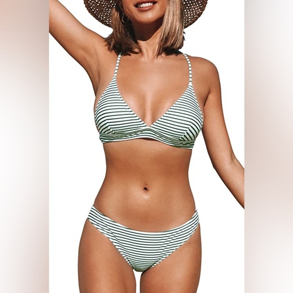 Low Rise Bikini Set 2 Piece Swimsuit Stripes Green White Padded NWT Size S - Picture 1 of 2